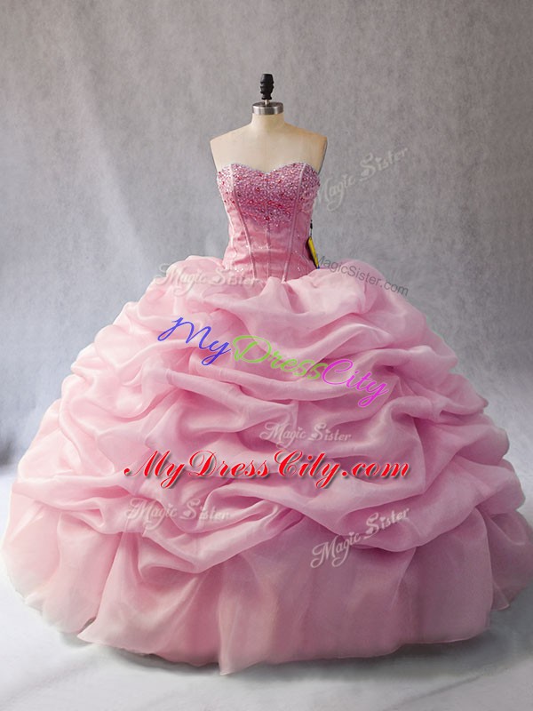 Exquisite Pink Sweet 16 Quinceanera Dress Sweet 16 and Quinceanera with Beading and Pick Ups Sweetheart Sleeveless Lace Up