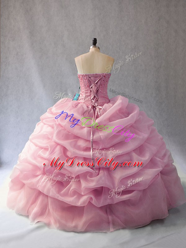 Exquisite Pink Sweet 16 Quinceanera Dress Sweet 16 and Quinceanera with Beading and Pick Ups Sweetheart Sleeveless Lace Up