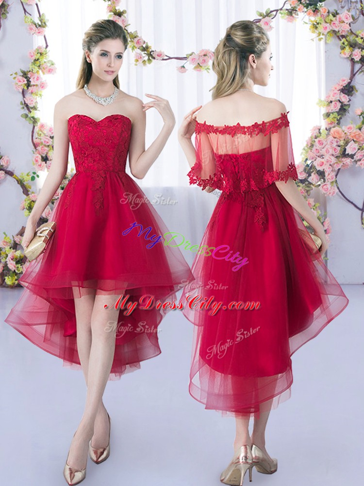 Admirable Lace Court Dresses for Sweet 16 Wine Red Lace Up Sleeveless High Low