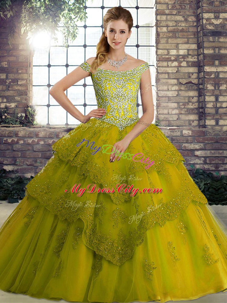 Great Olive Green Sleeveless Beading and Lace Lace Up Quinceanera Gown