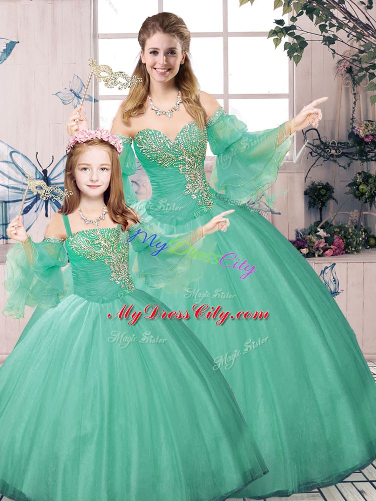 Classical Floor Length Lace Up Sweet 16 Dresses Green for Sweet 16 and Quinceanera with Beading and Ruching