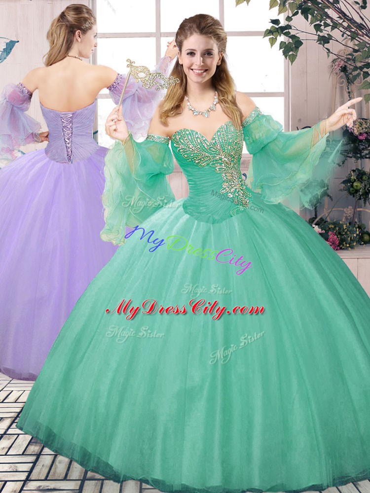 Classical Floor Length Lace Up Sweet 16 Dresses Green for Sweet 16 and Quinceanera with Beading and Ruching