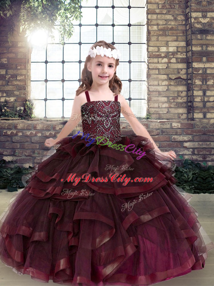 Tulle Straps Sleeveless Lace Up Beading and Ruffles Pageant Dress for Teens in Burgundy