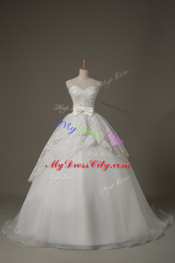 Lace Up Wedding Dresses White for Wedding Party with Beading and Lace and Bowknot Brush Train