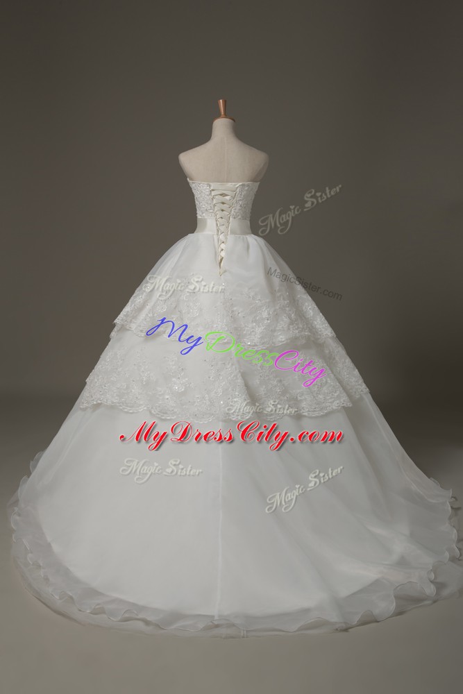 Lace Up Wedding Dresses White for Wedding Party with Beading and Lace and Bowknot Brush Train