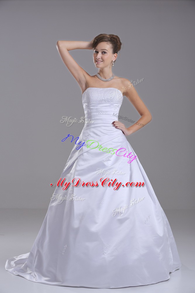 Sleeveless Brush Train Lace Up Beading Bridal Gown