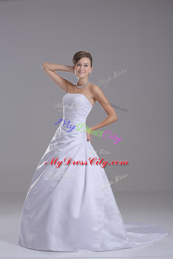 Sleeveless Brush Train Lace Up Beading Bridal Gown