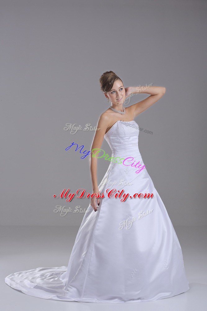 Sleeveless Brush Train Lace Up Beading Bridal Gown