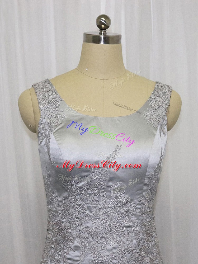 Grey Zipper Square Lace and Appliques Dress for Prom Satin Sleeveless