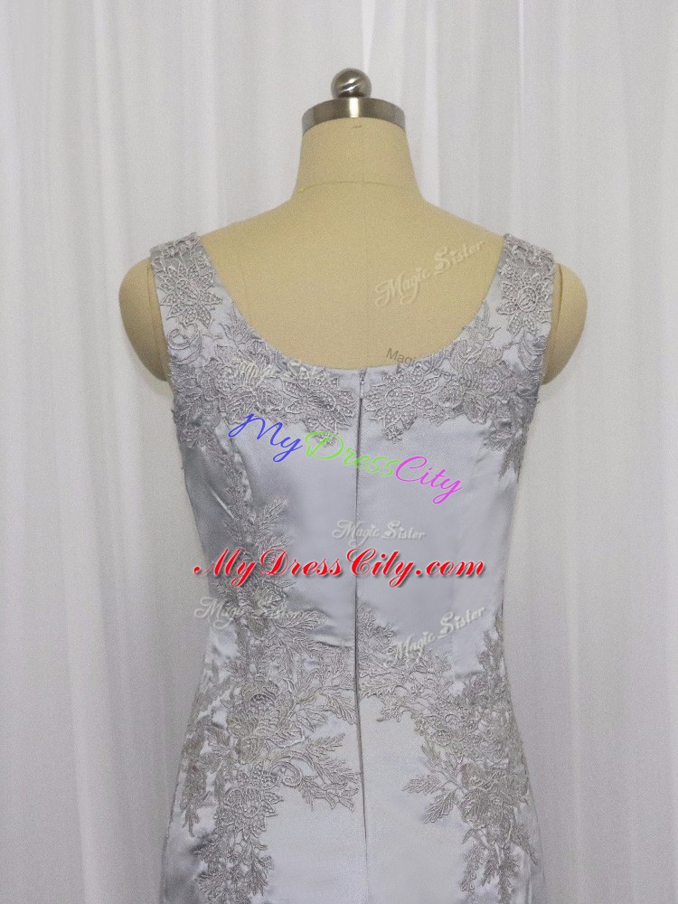 Grey Zipper Square Lace and Appliques Dress for Prom Satin Sleeveless