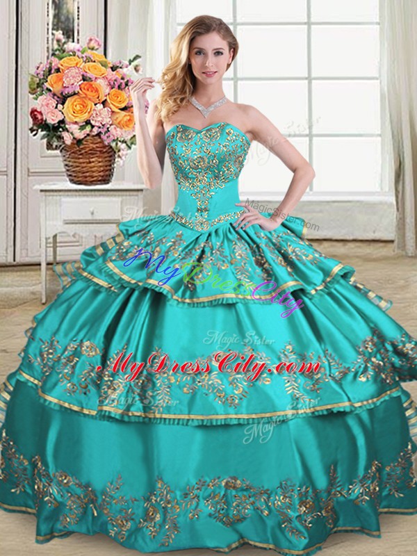 Comfortable Sleeveless Satin and Organza Floor Length Lace Up 15th Birthday Dress in Aqua Blue with Embroidery and Ruffled Layers