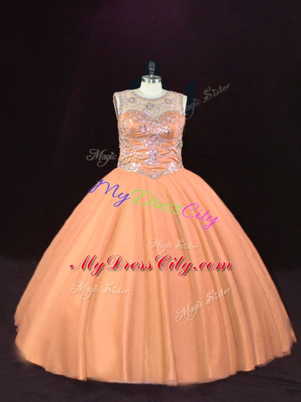 Peach Ball Gowns Tulle Scoop Sleeveless Beading Floor Length Lace Up 15th Birthday Dress