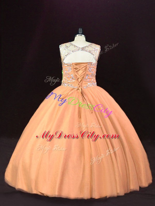 Peach Ball Gowns Tulle Scoop Sleeveless Beading Floor Length Lace Up 15th Birthday Dress