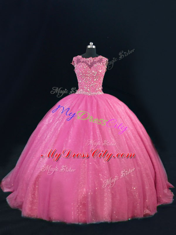 Hot Pink Ball Gowns Tulle Scoop Sleeveless Beading and Lace and Sequins Floor Length Lace Up Sweet 16 Quinceanera Dress