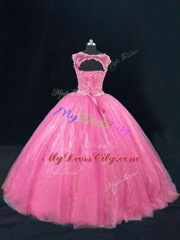 Hot Pink Ball Gowns Tulle Scoop Sleeveless Beading and Lace and Sequins Floor Length Lace Up Sweet 16 Quinceanera Dress