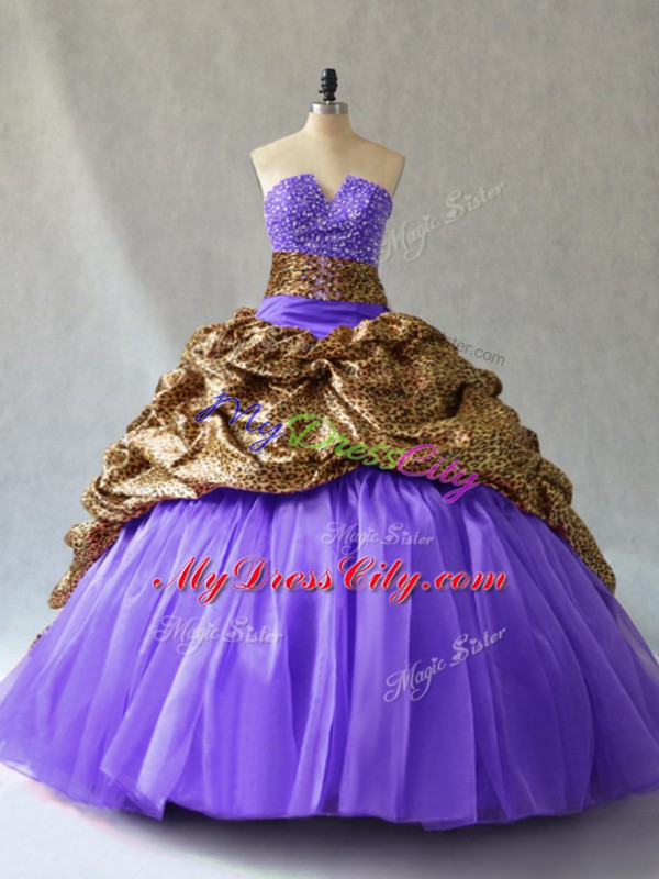 High End V-neck Sleeveless Brush Train Lace Up Quinceanera Gowns Lavender Organza and Printed