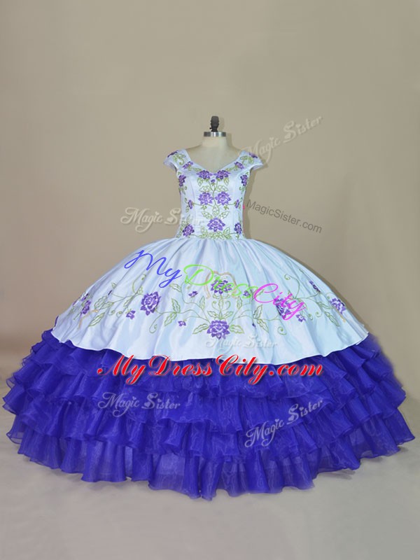 Deluxe V-neck Sleeveless Lace Up 15 Quinceanera Dress Blue and Purple Satin and Organza