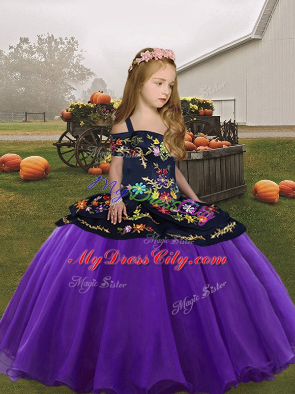 Elegant Floor Length Eggplant Purple Little Girls Pageant Dress Organza Sleeveless Embroidery