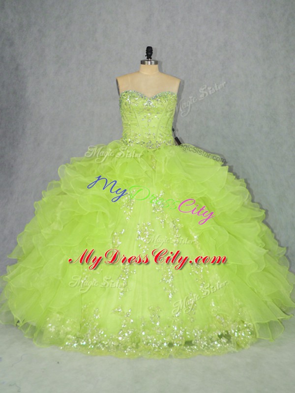 Attractive Sweetheart Sleeveless Lace Up Sweet 16 Quinceanera Dress Yellow Green Organza