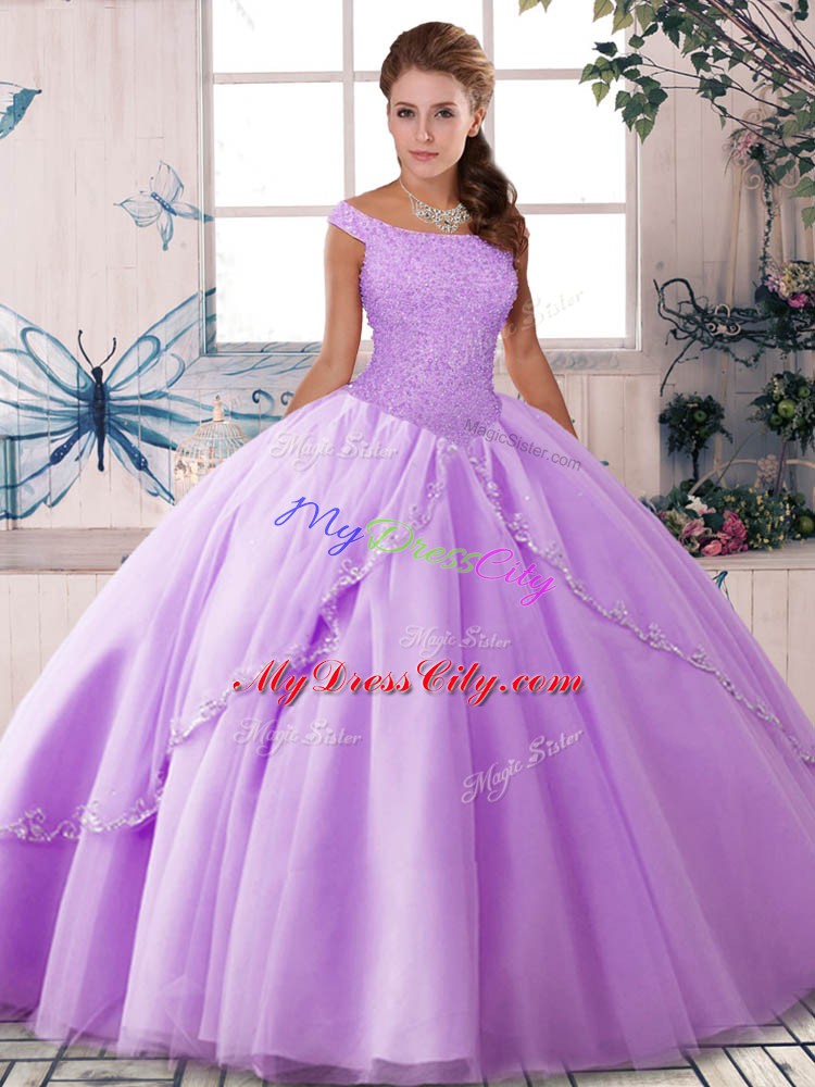 Off The Shoulder Sleeveless Vestidos de Quinceanera Brush Train Beading Lavender Tulle