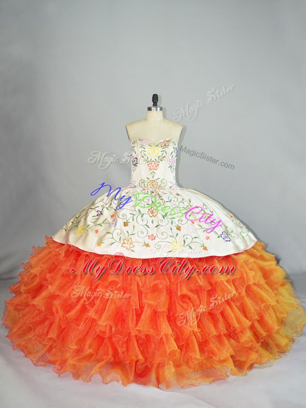 Smart Orange Sweetheart Neckline Embroidery and Ruffles Quinceanera Dresses Sleeveless Lace Up