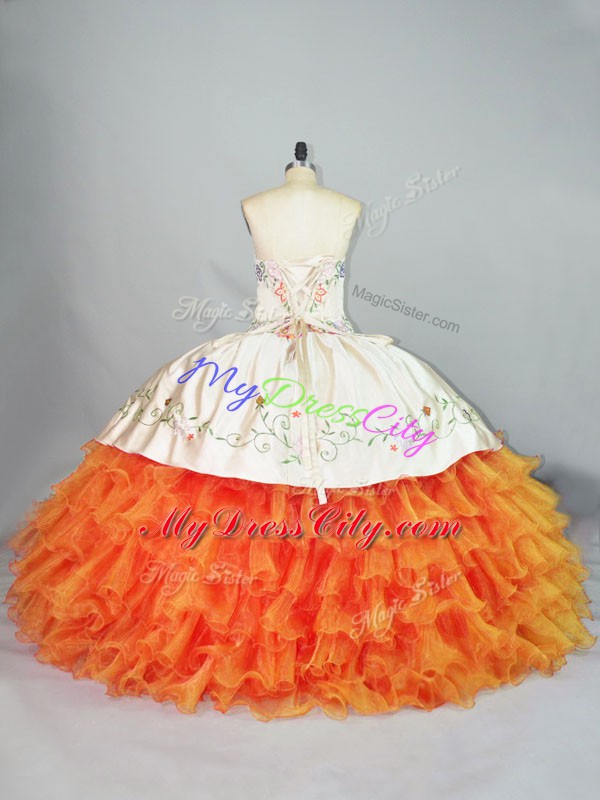 Smart Orange Sweetheart Neckline Embroidery and Ruffles Quinceanera Dresses Sleeveless Lace Up