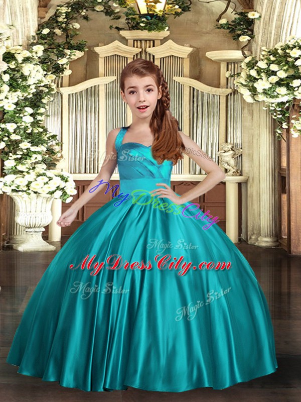 Inexpensive Sleeveless Floor Length Ruching Lace Up Little Girls Pageant Gowns with Teal