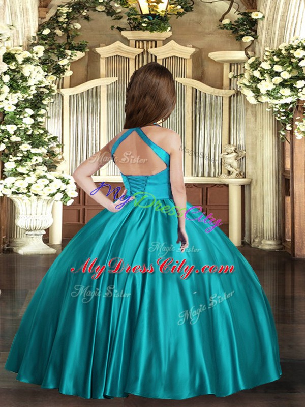 Inexpensive Sleeveless Floor Length Ruching Lace Up Little Girls Pageant Gowns with Teal