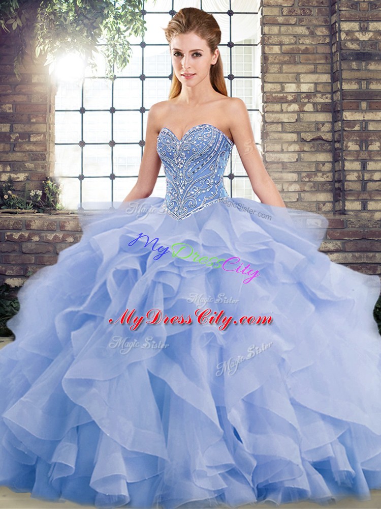 Popular Tulle Sweetheart Sleeveless Brush Train Lace Up Beading and Ruffles Quinceanera Gowns in Lavender