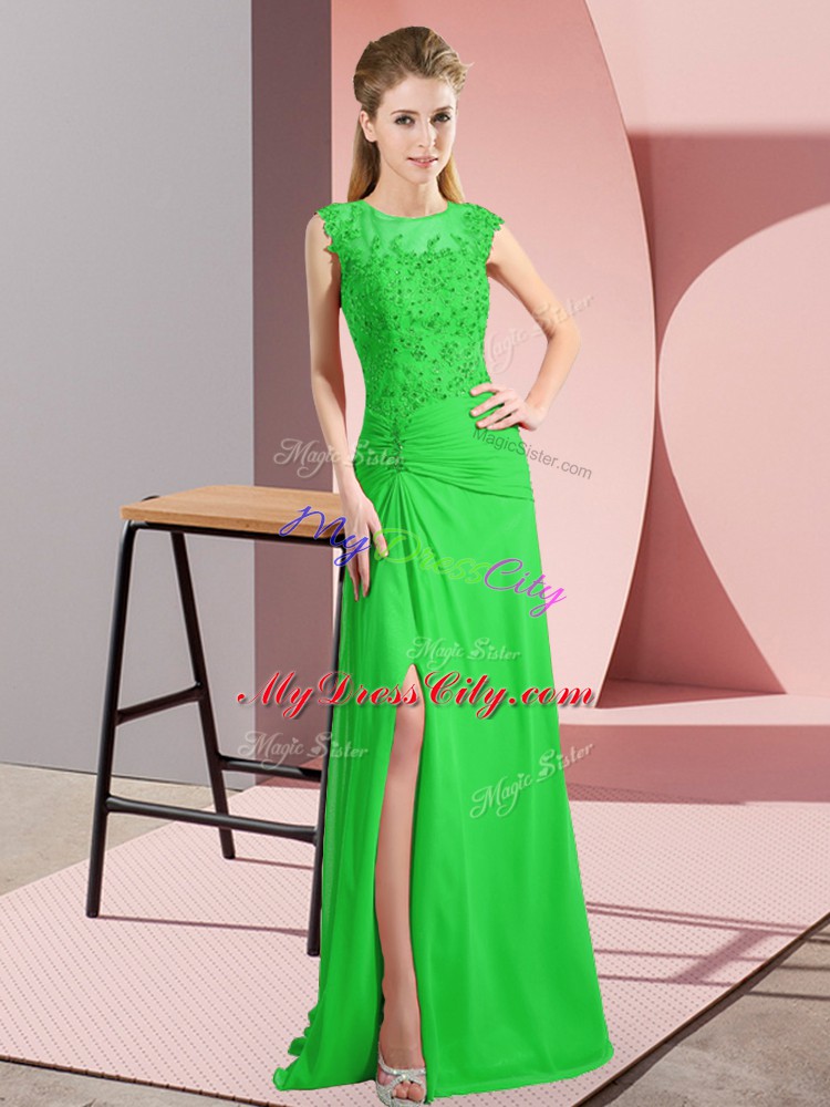 Simple Green Chiffon Lace Up Dress for Prom Sleeveless Floor Length Beading