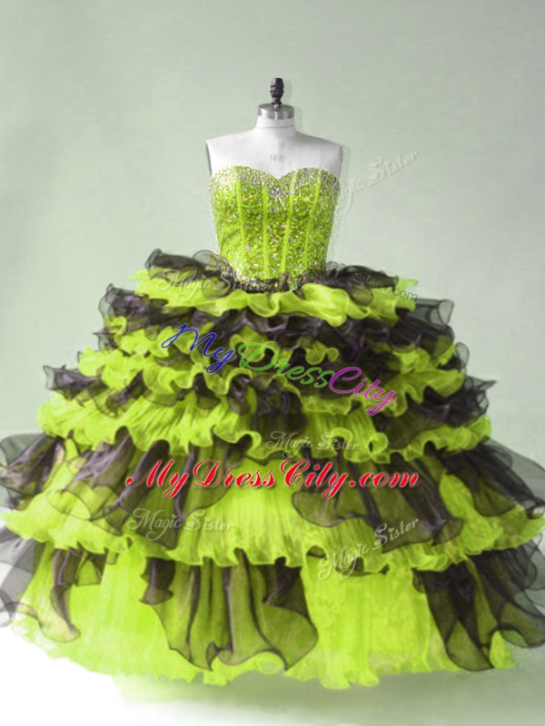 New Arrival Organza Sweetheart Sleeveless Lace Up Beading Quinceanera Dress in Yellow Green