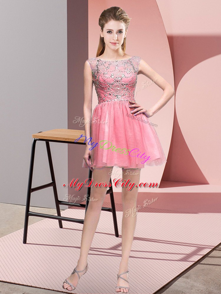 Mini Length Pink Glitz Pageant Dress Tulle Sleeveless Beading