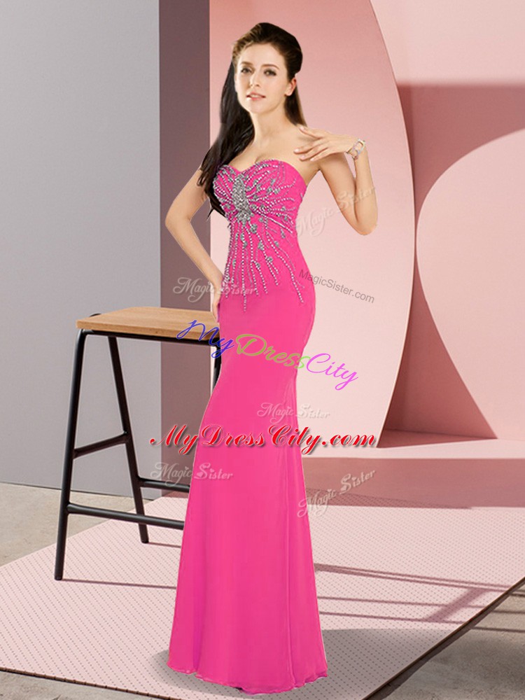 Hot Pink Sleeveless Floor Length Beading Zipper Evening Party Dresses