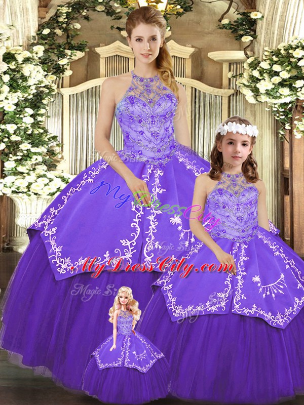 Most Popular Purple Sleeveless Beading and Embroidery Floor Length Quince Ball Gowns