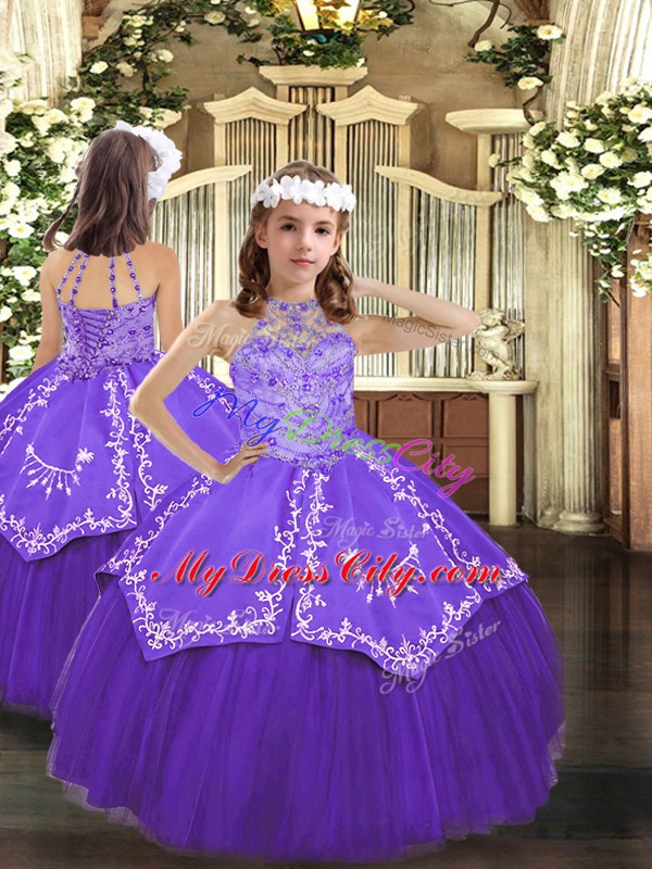 Most Popular Purple Sleeveless Beading and Embroidery Floor Length Quince Ball Gowns