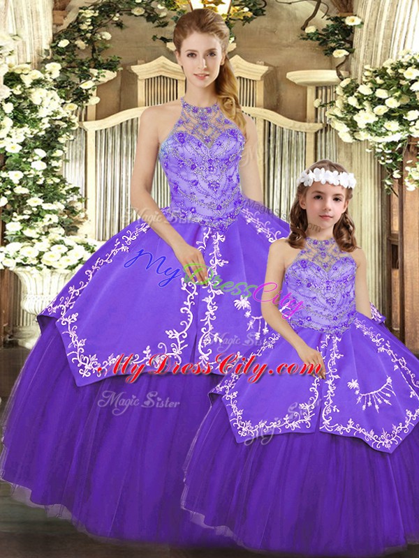 Most Popular Purple Sleeveless Beading and Embroidery Floor Length Quince Ball Gowns