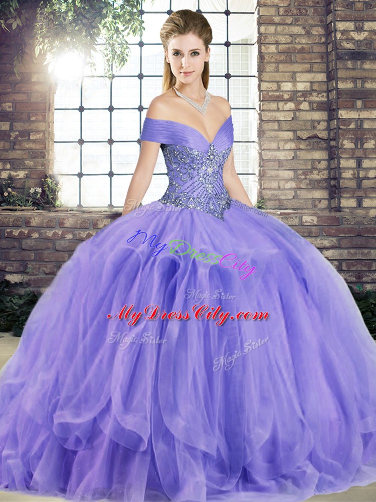 Lavender Off The Shoulder Lace Up Beading and Ruffles Quince Ball Gowns Sleeveless