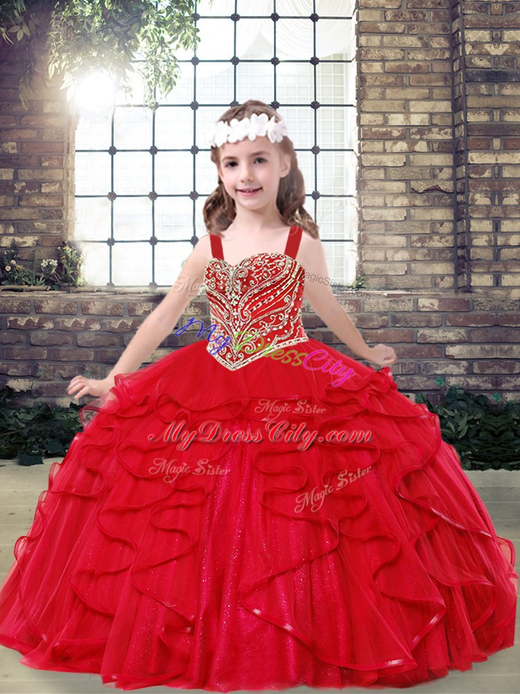 Beading and Ruffles Little Girls Pageant Dress Red Lace Up Sleeveless Floor Length