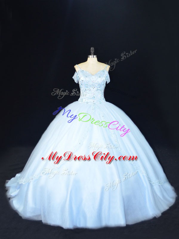 Enchanting Blue Sleeveless Tulle Court Train Lace Up Sweet 16 Dresses for Sweet 16 and Quinceanera