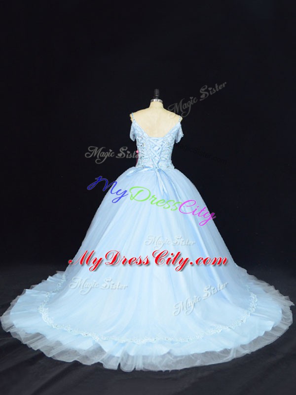 Enchanting Blue Sleeveless Tulle Court Train Lace Up Sweet 16 Dresses for Sweet 16 and Quinceanera