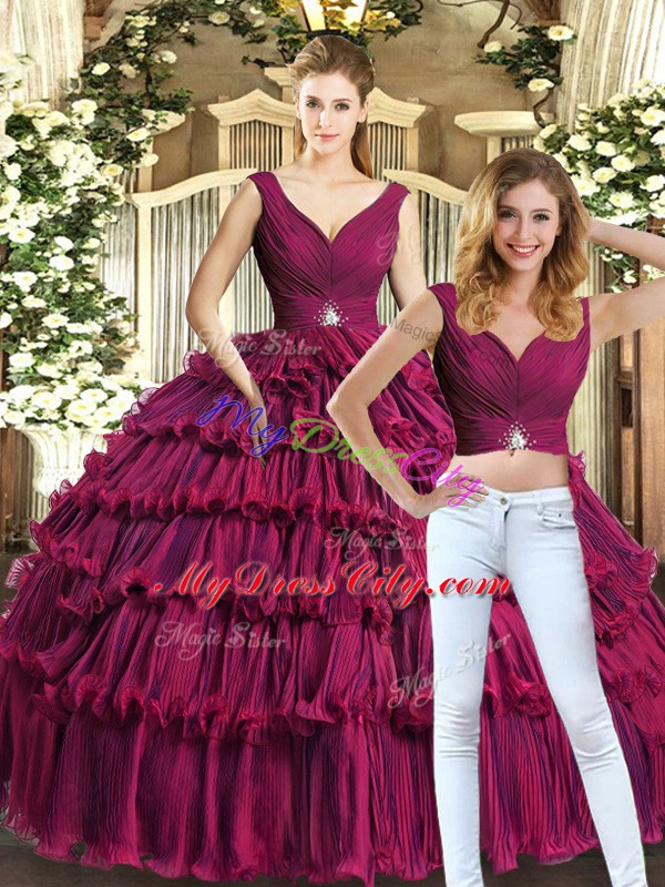 Hot Selling Beading and Ruffled Layers Quinceanera Gown Burgundy Backless Sleeveless Floor Length