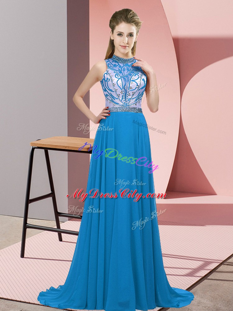 Blue Sleeveless Brush Train Beading Evening Wear