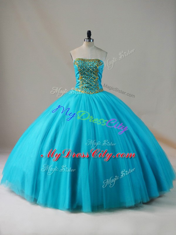 Sleeveless Tulle Floor Length Lace Up 15 Quinceanera Dress in Blue with Beading