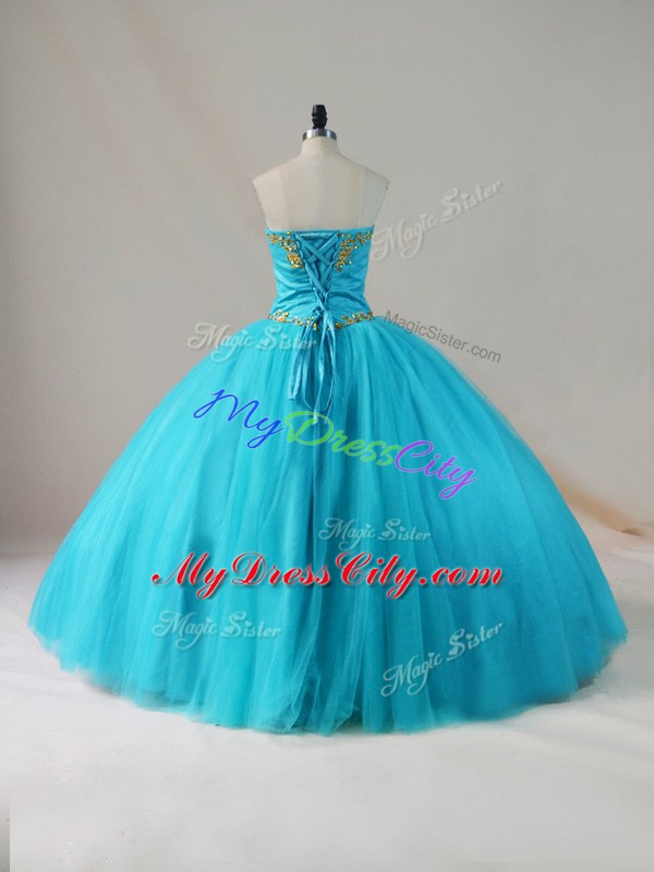 Sleeveless Tulle Floor Length Lace Up 15 Quinceanera Dress in Blue with Beading