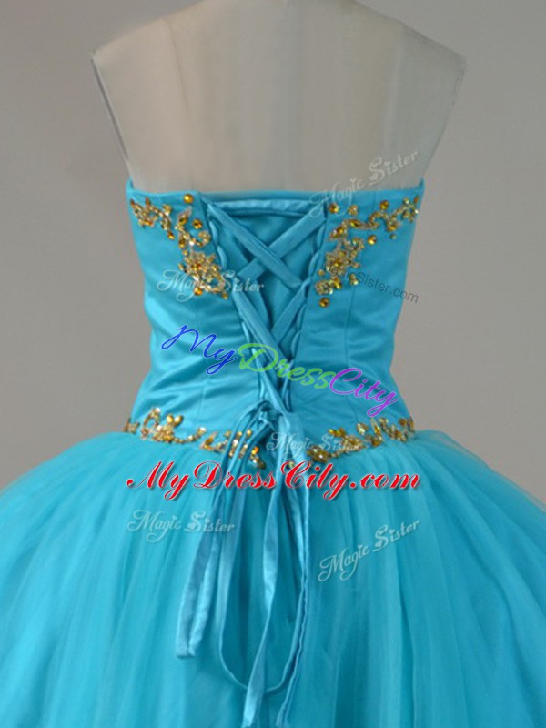 Sleeveless Tulle Floor Length Lace Up 15 Quinceanera Dress in Blue with Beading