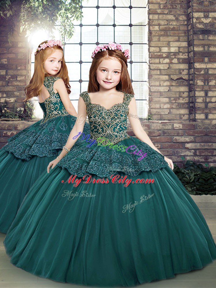 Teal Side Zipper Kids Pageant Dress Beading and Appliques Sleeveless Floor Length