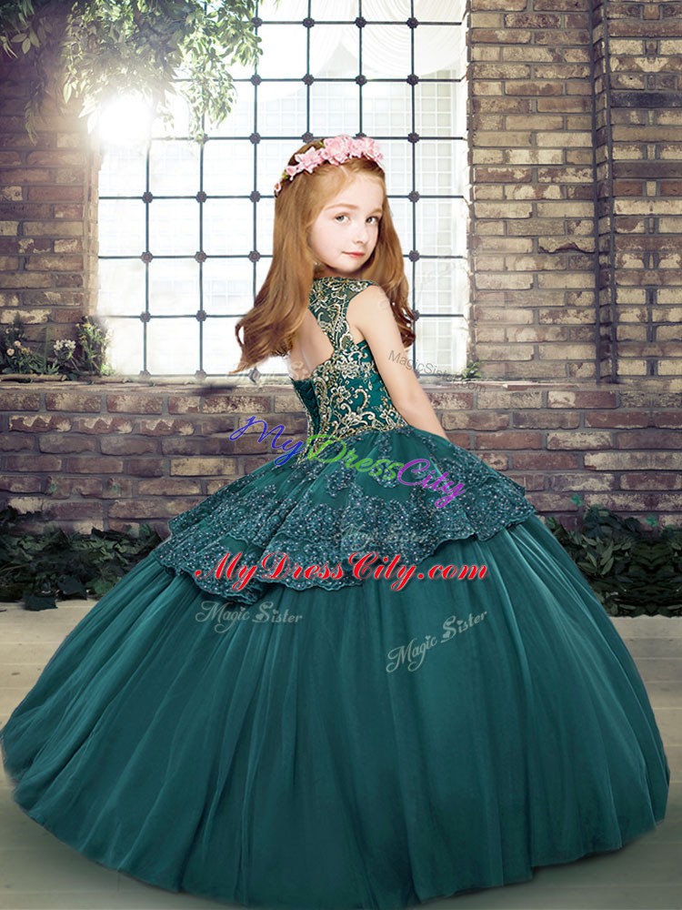 Teal Side Zipper Kids Pageant Dress Beading and Appliques Sleeveless Floor Length