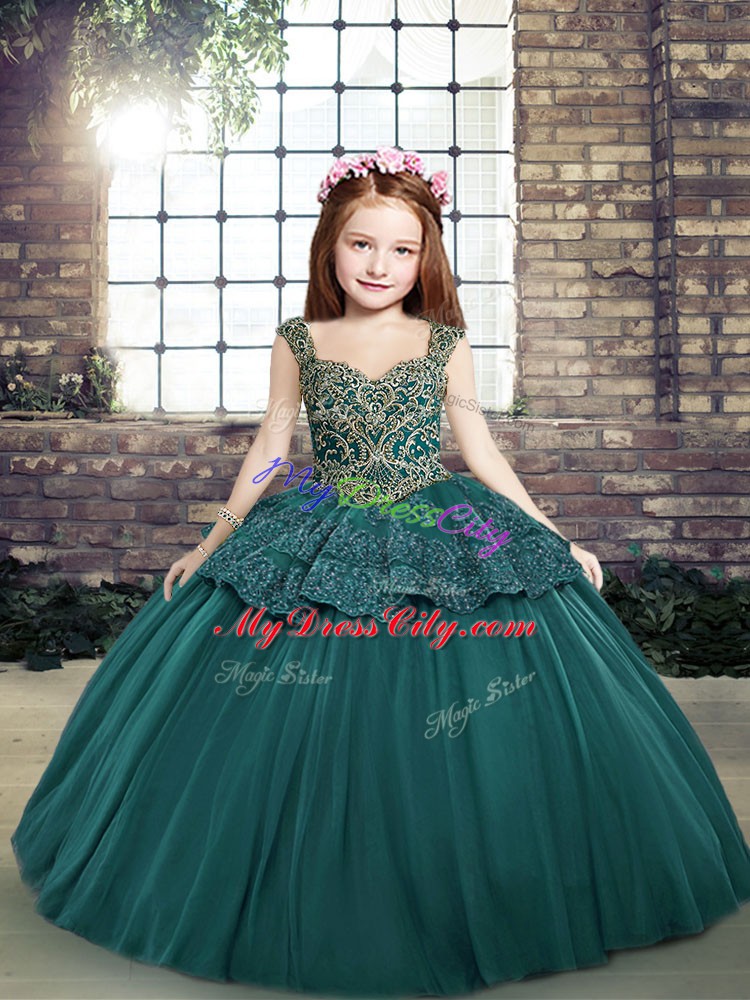 Teal Side Zipper Kids Pageant Dress Beading and Appliques Sleeveless Floor Length