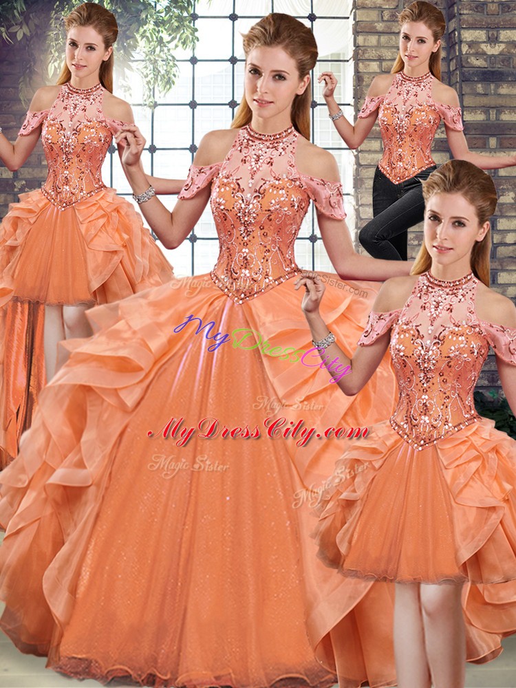 Customized Floor Length Orange 15th Birthday Dress Organza Sleeveless Beading and Ruffles