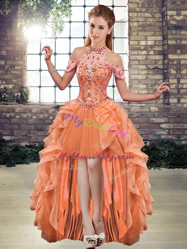 Customized Floor Length Orange 15th Birthday Dress Organza Sleeveless Beading and Ruffles